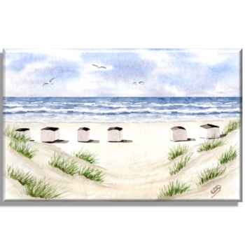 Leinwand 40 x 30 cm Keilrahmen Canvas-Leinen Aquarell Maritim Kunst Druck Kunstdruck Dänemark Nordsee Blokhus Strand Strandhäuser Badehäuser Dünen